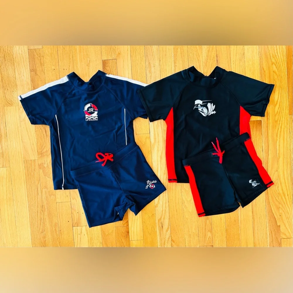 2 Pairs Boy Swim-Sets with Swim Trunks & Rash-guards in Black and Navy Blue NWOT
